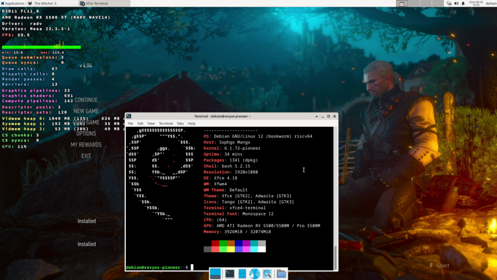 The Witcher 3 Menu with DXVK_HUD running on RiSC-V